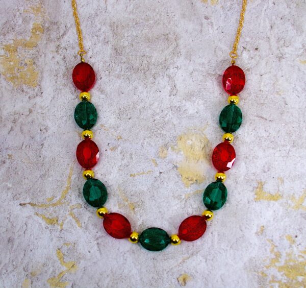 RED, GREEN AND GOLD GLASS BEAD NECKLACE AND EARRING SET - Image 6