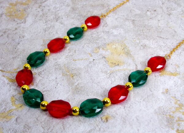 RED, GREEN AND GOLD GLASS BEAD NECKLACE AND EARRING SET - Image 7