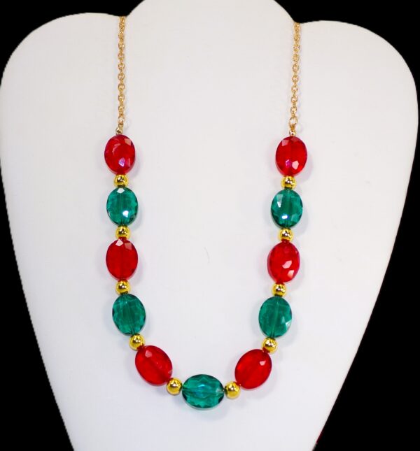 RED, GREEN AND GOLD GLASS BEAD NECKLACE AND EARRING SET - Image 3