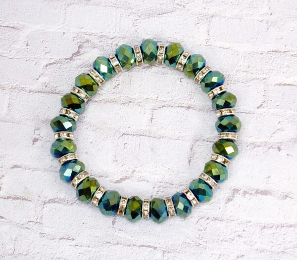 GREEN GLASS BEAD AND CRYSTAL STRETCH BRACELET - Image 6