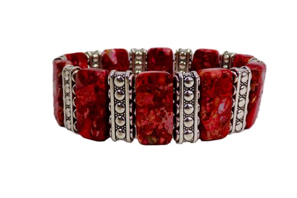 RED STONE STRETCH BRACELET WITH SILVER SPACER BARS