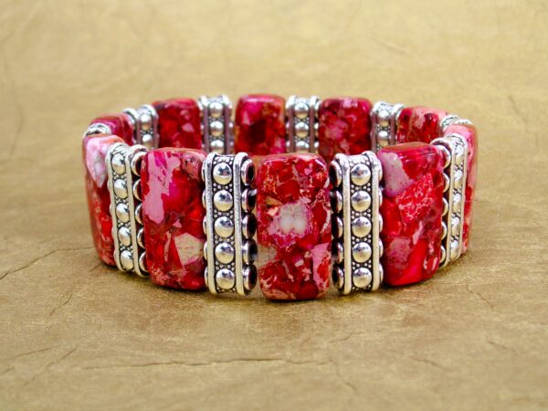 RED STONE STRETCH BRACELET WITH SILVER SPACER BARS - Image 5