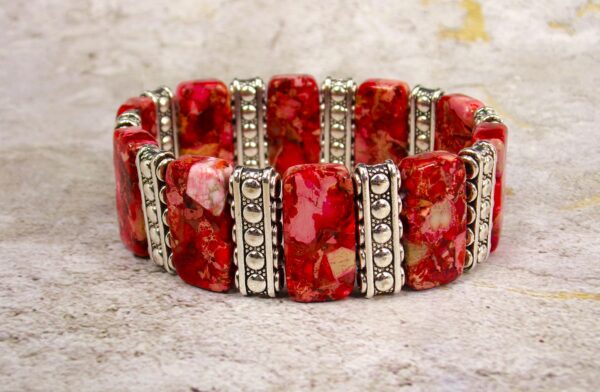 RED STONE STRETCH BRACELET WITH SILVER SPACER BARS - Image 7