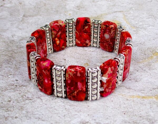 RED STONE STRETCH BRACELET WITH SILVER SPACER BARS - Image 6