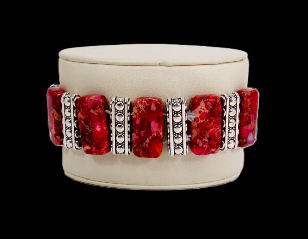 RED STONE STRETCH BRACELET WITH SILVER SPACER BARS - Image 9