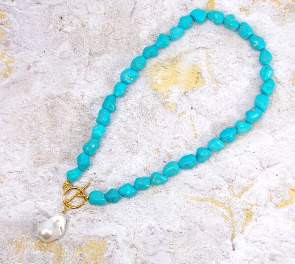 TURQUOISE STONE NECKLACE WITH WHITE PEARL BEAD PENDANT - Image 7