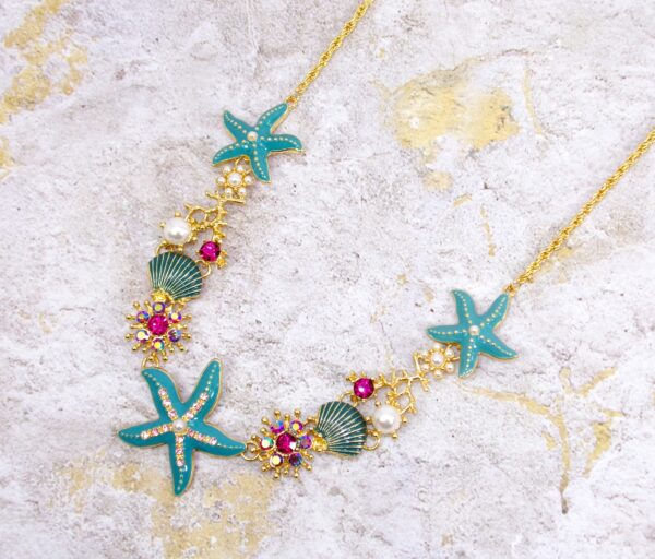 OCEAN THEME CHARM NECKLACE WITH STARFISH, CRYSTALS, AND PEARLS - Image 8