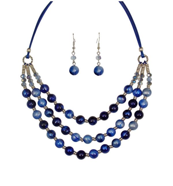 BLUE BEAD MULTI ROW NECKLACE AND EARRING SET