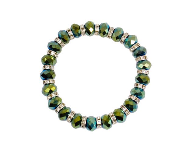 GREEN GLASS BEAD AND CRYSTAL STRETCH BRACELET