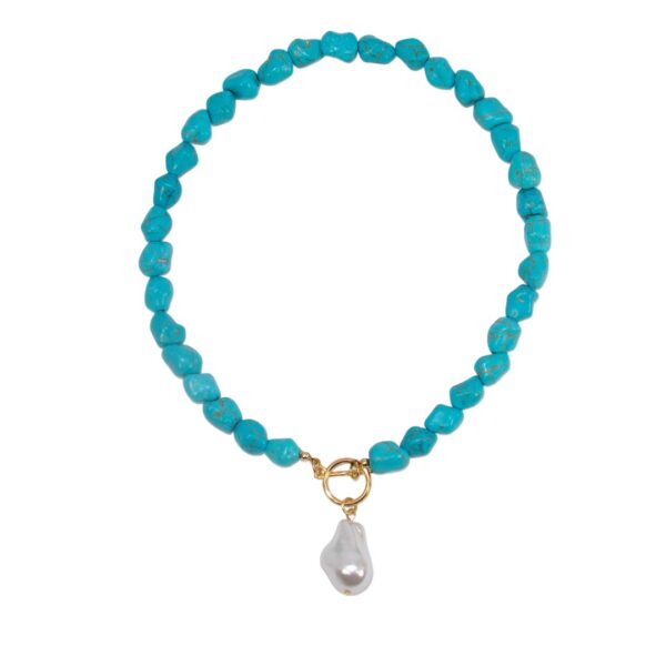 TURQUOISE STONE NECKLACE WITH WHITE PEARL BEAD PENDANT