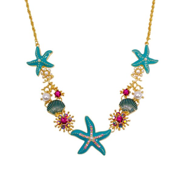 OCEAN THEME CHARM NECKLACE WITH STARFISH, CRYSTALS, AND PEARLS