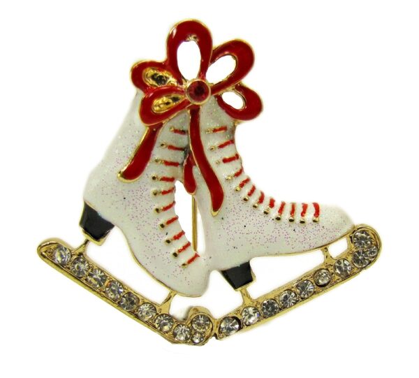 ICE SKATES PIN BROOCH WITH SPARKLES AND CRYSTALS