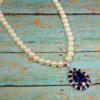 WHITE PEARL NECKLACE WITH BLUE CRYSTAL TEARDROP PENDANT - Image 6
