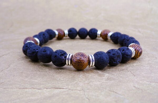 BLACK LAVA STONE AND WOOD BEAD STRETCH BRACELET - Image 6