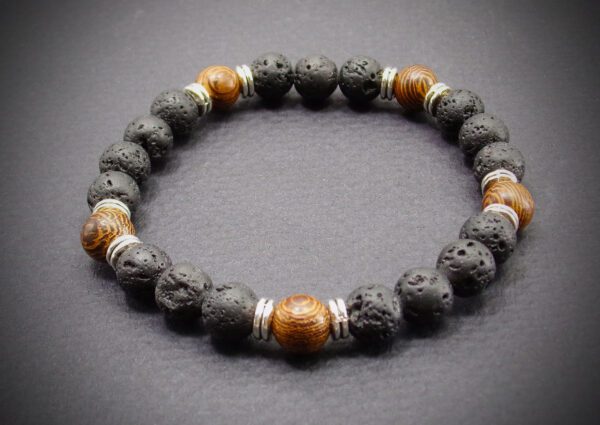 BLACK LAVA STONE AND WOOD BEAD STRETCH BRACELET - Image 3