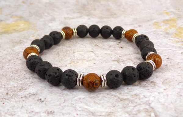 BLACK LAVA STONE AND WOOD BEAD STRETCH BRACELET - Image 5