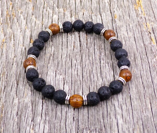 BLACK LAVA STONE AND WOOD BEAD STRETCH BRACELET - Image 4