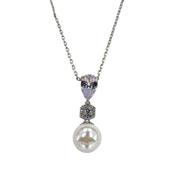 WHITE PEARL PENDANT WITH CLEAR CUBIC ZIRCONIA STONES