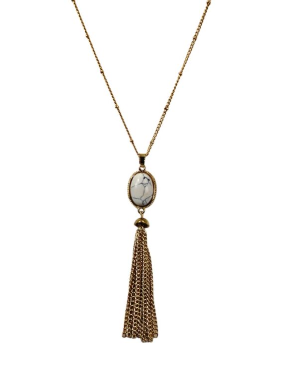 WHITE STONE PENDANT NECKLACE WITH TASSEL CHAIN