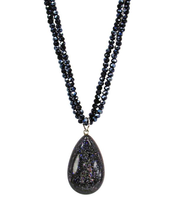 SPARKLING BLUE GOLDSTONE PENDANT AND GLASS BEAD NECKLACE