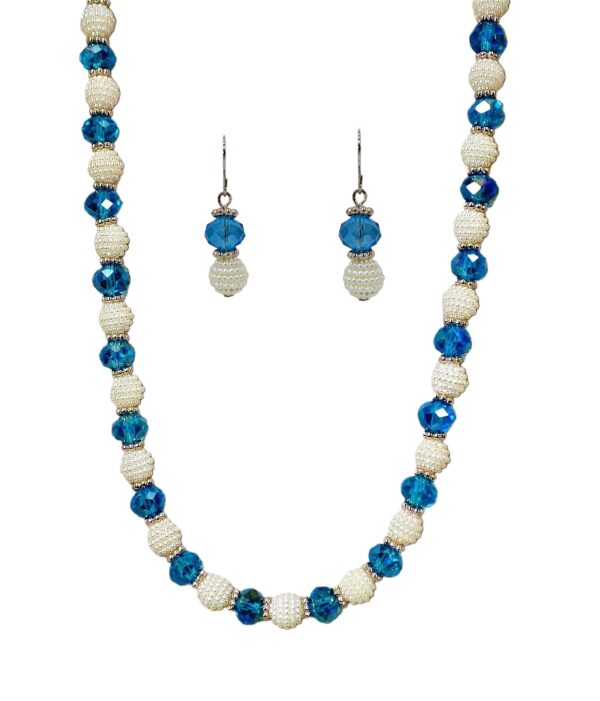 BLUE GLASS AND WHITE BEAD NECKLACE AND EARRING SET