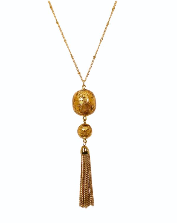 GOLD LEAF PENDANT NECKLACE WITH GOLD TASSEL CHAIN