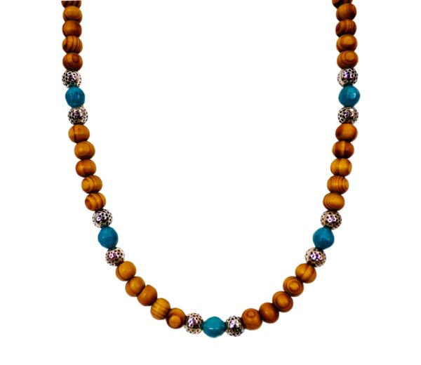 WOOD BEAD NECKLACE WITH TURQUOISE AND SILVER - Image 3