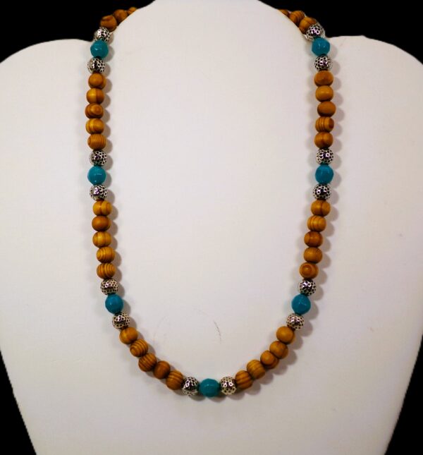 WOOD BEAD NECKLACE WITH TURQUOISE AND SILVER - Image 5