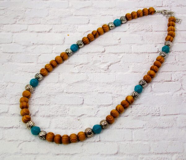 WOOD BEAD NECKLACE WITH TURQUOISE AND SILVER - Image 6