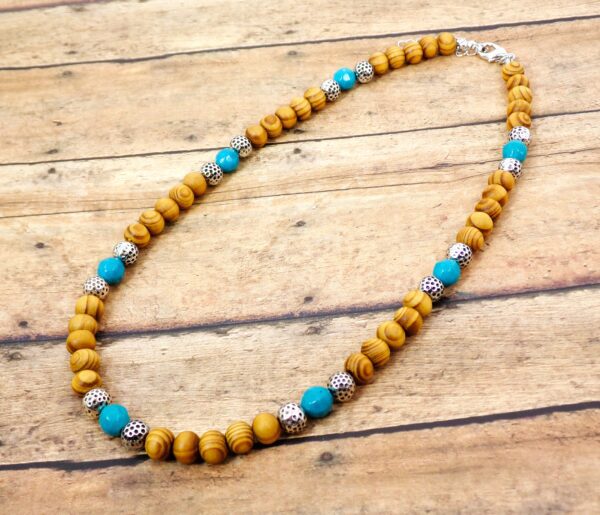 WOOD BEAD NECKLACE WITH TURQUOISE AND SILVER - Image 10