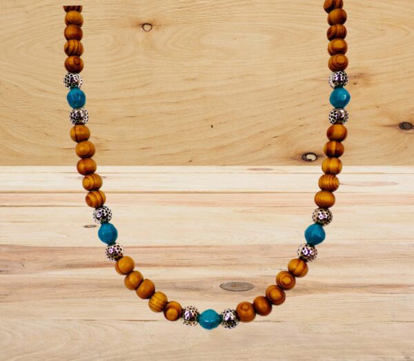 WOOD BEAD NECKLACE WITH TURQUOISE AND SILVER - Image 11