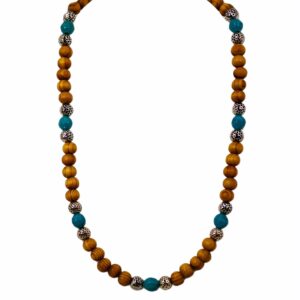 WOOD BEAD NECKLACE WITH TURQUOISE AND SILVER