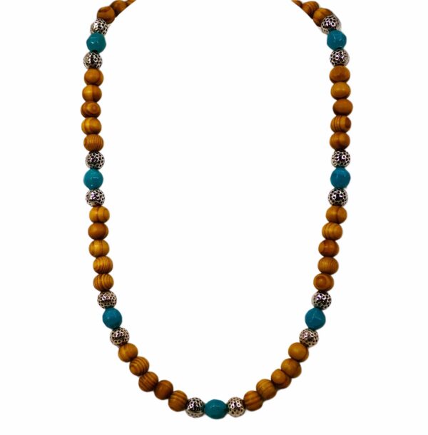 WOOD BEAD NECKLACE WITH TURQUOISE AND SILVER