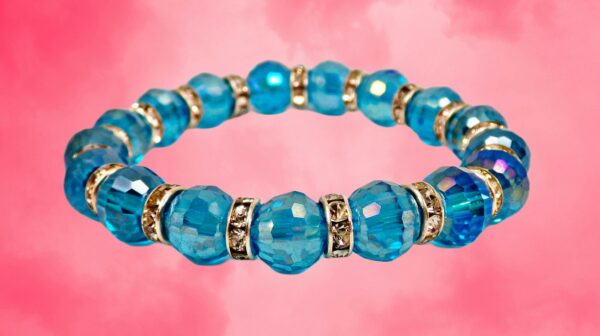 TURQUOISE COLOR GLASS AND CRYSTAL BEAD STRETCH BRACELET - Image 6