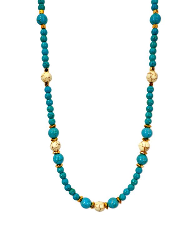 TURQUOISE AND WHITE AGATE STONE BEAD NECKLACE