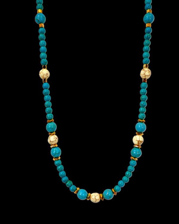 TURQUOISE AND WHITE AGATE STONE BEAD NECKLACE - Image 6