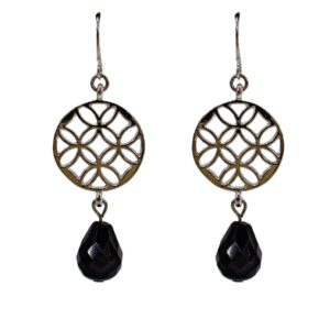 BLACK GLASS AND SILVER ROUND DISK EARRINGS
