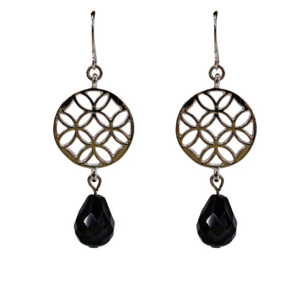 BLACK GLASS AND SILVER ROUND DISK EARRINGS