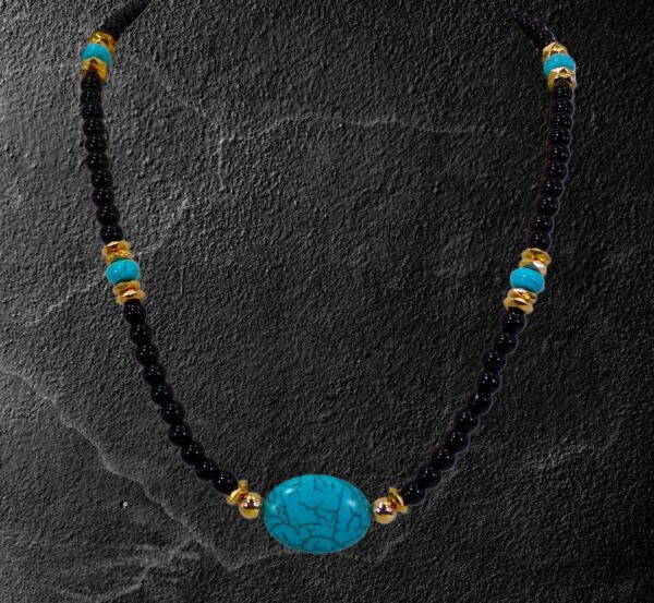 TURQUOISE STONE AND BLACK GLASS BEAD NECKLACE - Image 2