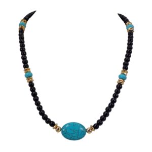 TURQUOISE STONE AND BLACK GLASS BEAD NECKLACE