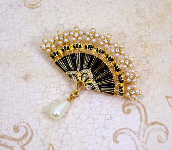 BLACK AND GOLD FAN PIN BROOCH WITH PEARLS - Image 2