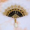 BLACK AND GOLD FAN PIN BROOCH WITH PEARLS - Image 3