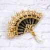 BLACK AND GOLD FAN PIN BROOCH WITH PEARLS - Image 5
