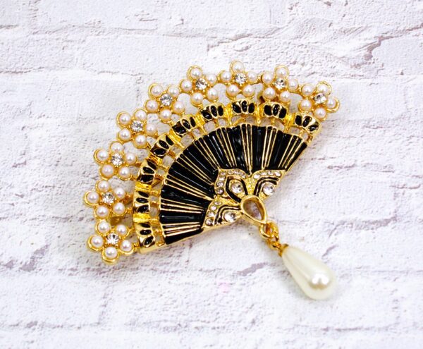BLACK AND GOLD FAN PIN BROOCH WITH PEARLS - Image 5