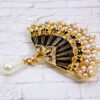 BLACK AND GOLD FAN PIN BROOCH WITH PEARLS - Image 6