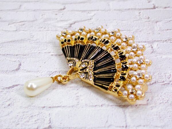 BLACK AND GOLD FAN PIN BROOCH WITH PEARLS - Image 6