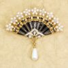 BLACK AND GOLD FAN PIN BROOCH WITH PEARLS - Image 7