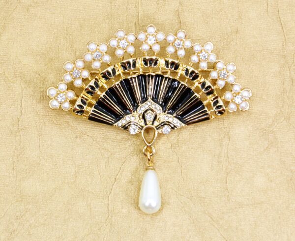 BLACK AND GOLD FAN PIN BROOCH WITH PEARLS - Image 7