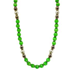 LIME GREEN CAT EYE STONE NECKLACE WITH SILVER AND PEARL BEADS