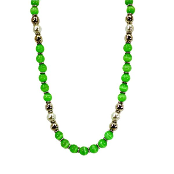 LIME GREEN CAT EYE STONE NECKLACE WITH SILVER AND PEARL BEADS